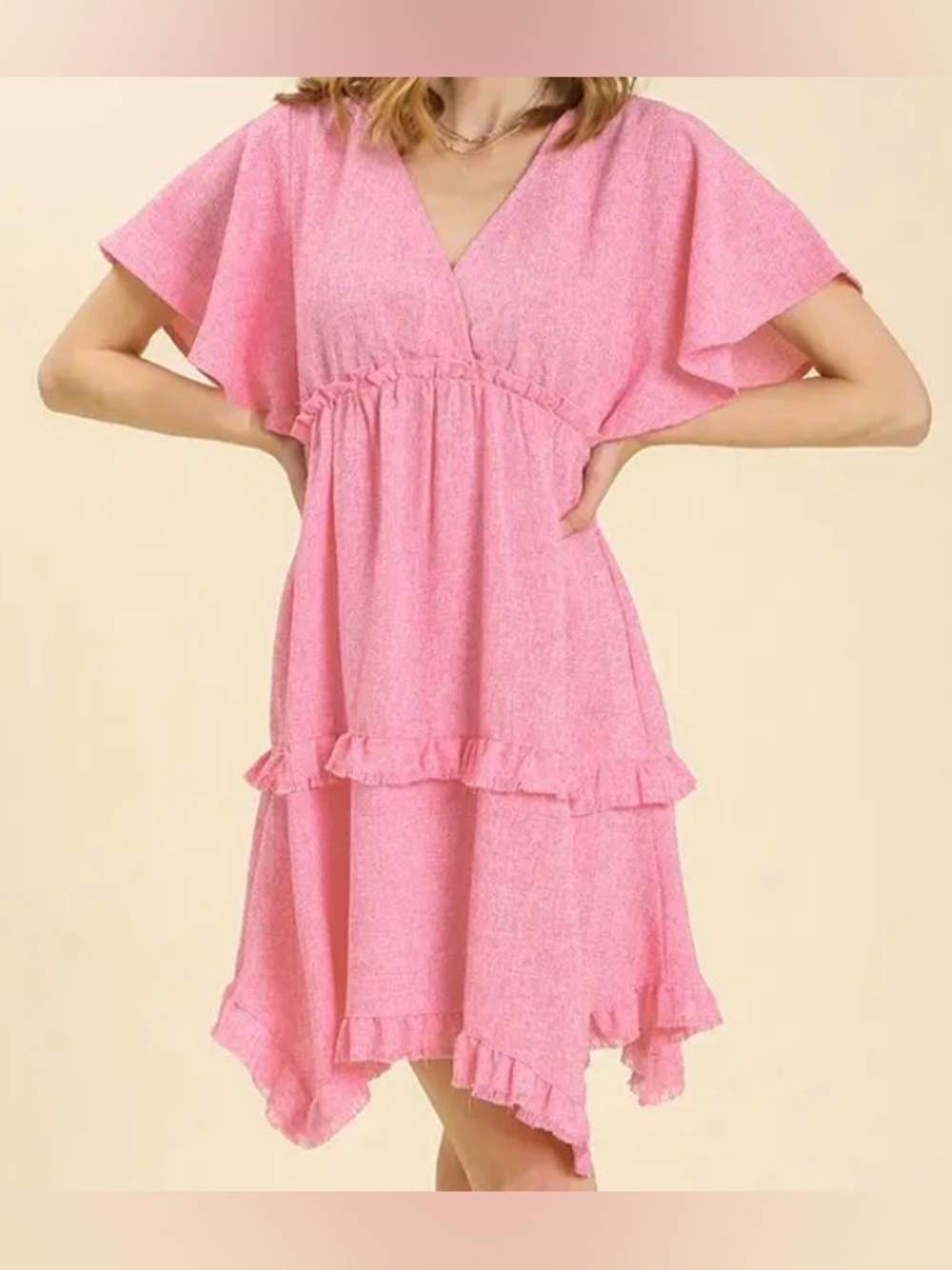 Umgee Pink Flutter Wide Sleeve Ruffle Hem Dress